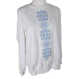 Alfred Dunner XL Embroidered Quilted Sweatshirt White Floral Grandmacore